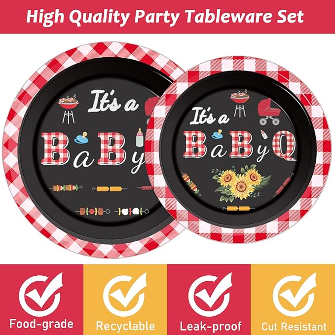 Tevxj 96 PCS BBQ Baby Shower Plates Napkins BabyQ Party Tableware It’s A Baby Q Disposable Paper Plates Napkins Sunflower Rustic Barbecue Gender Reveal Baby Shower Party Decorations Supplies Favors