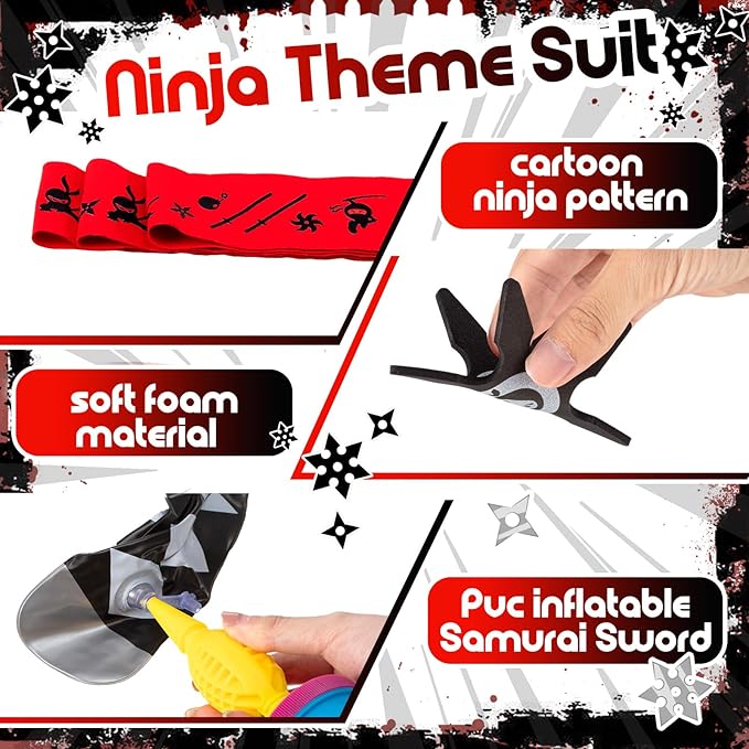 Deekin 48 Pcs Ninja Karate Party Favors Include Inflatable Sword Throwing Foam Star Toys Karate Headband for Ninja Theme Party Decoration Supplies Goodie Bag Filler Gift Costume Accessories