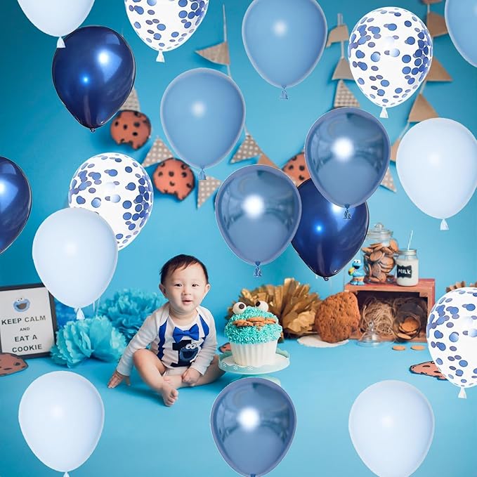 Blue Balloons, 12 Inch Double Stuffed Metallic Light Blue Mixed Latex Balloon, Chrome Dark Navy Confetti Helium Balloons for Boys Men Birthday Baby Shower Graduation Space Theme Party Decorations