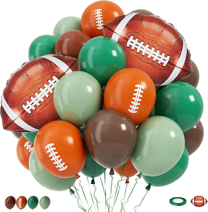Football Balloons, 12 Inch Sage Green Brown Latex Balloon with Football Printed Foil Balloons, Football's Party Decorations for Men Sports Rugby Theme Birthday Game Party Supplies