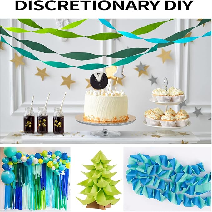 Crepe Paper Streamers 6 Rolls 492ft，Green and Blue Party Decorations Streamers (1.8 Inch x 82 Ft/Roll)，for Birthday Decorations, Wedding Decorations Ocean Themed Party Decoration