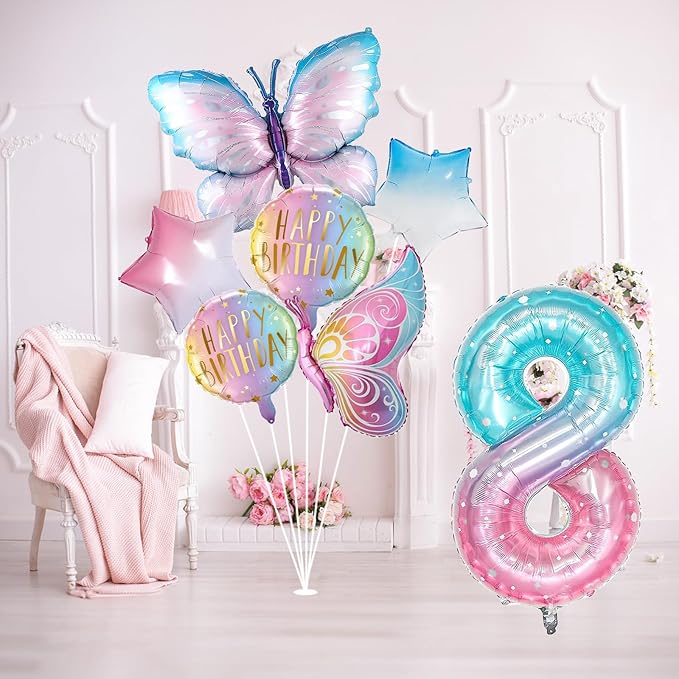Butterfly Balloons - 8th Birthday Decorations for Girls, Gradient Pink Colorful Foil Balloons, Giant Number 8 Foil Mylar Balloon, Butterfly Theme Party Supplies