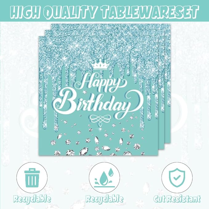 41pcs Teal and Silver Party Decoration,include 20pcs 7inch dessert plate,20pcs Napkin and 1pcs Tablecloth,Used for Blue and Silver Glitter Birthday Party Supplies