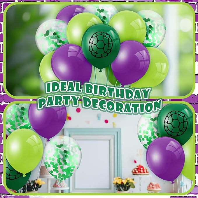 Skylety 45 Pcs Cartoon Turtles Birthday Balloon Decorations Purple Dark Green Turtle Print Balloon Decor for Birthday Party Supplies