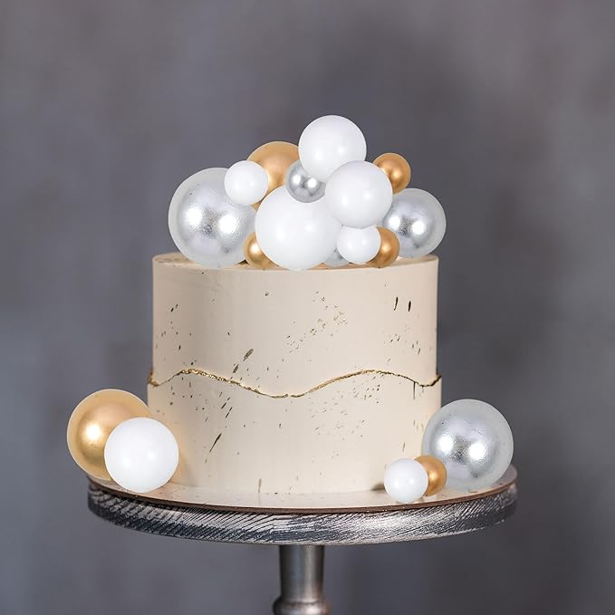 Gyufise 30Pcs Balls Cake Topper Foam Ball Cake Picks Mini Balloon DIY Cake Insert Topper Decoration for Baby Shower Wedding Anniversary Kids Birthday Party Cake Decorations Gold Silver White
