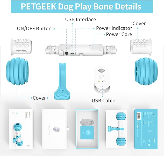 PETGEEK Interactive Dog Bone Toy, Automatic Dog Chase Toy, Electronic Pet Toys for Medium/Large Dog Boredom, USB Rechargeable Safe Material, Blue Color
