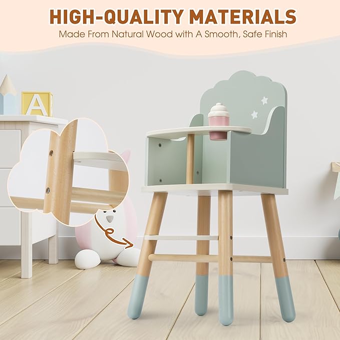 Wooden Baby Doll High Chair, Baby Doll Furniture, Fits Up to 18 inch Dolls, 18 inch Doll Accessories - Green