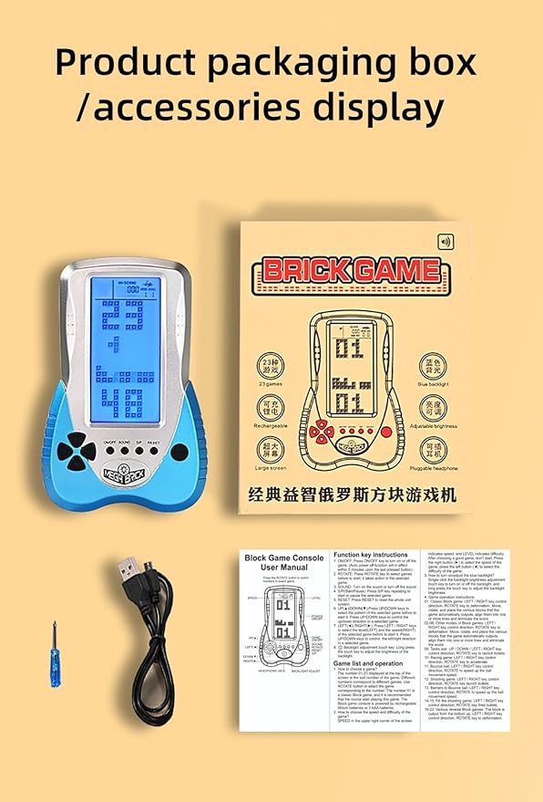 New Block Game Console Built-in Puzzle Games Dual Power Modes Blue Backlight Pluggable Headphone Simple Operation Long Battery Life Handheld Electronic Games Nostalgic Retro Toy/Gift (Black)