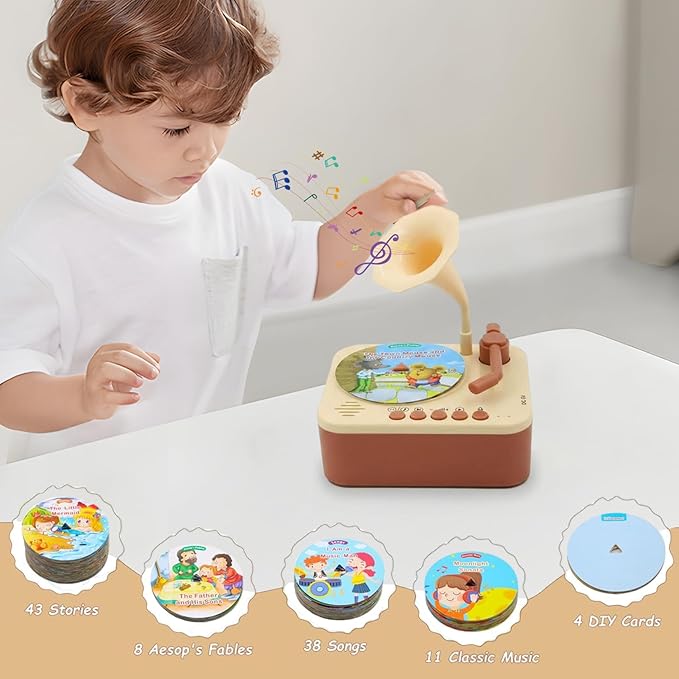 Kids Phonograph with 96 Cards, Toddler Record Player, Story & Music Player, Educational Phonograph for Boys and Girls Age 3+