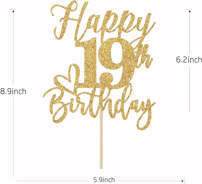 Gold Glitter Happy Birthday Cake Topper, Funny Happy Birthday Party Supplies (happy 19th birthday, Gold Glitter)