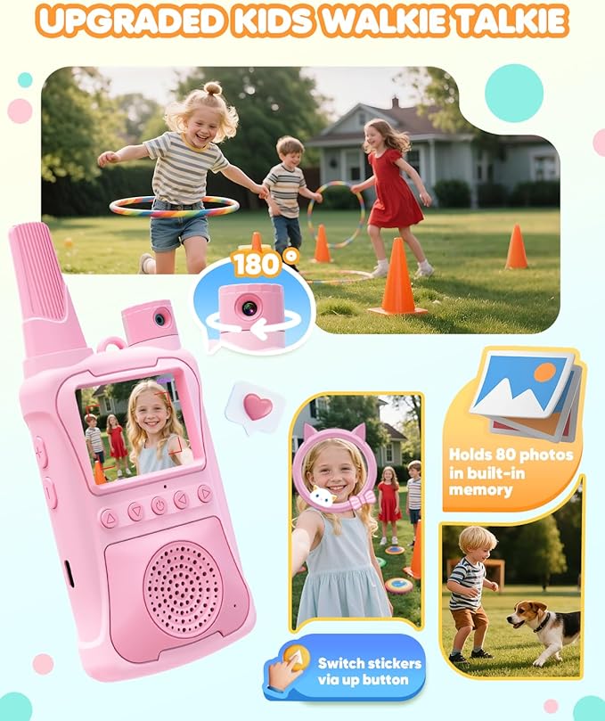 Video Walkie Talkies for Kids 2 Pack with 180° Camera & Games & HD Screen, Rechargeable Long Range Camera Walkie Talkies, Toddler Indoor Outdoor Toys Birthday Gifts for Girls Boys Age 3-12 Year Old