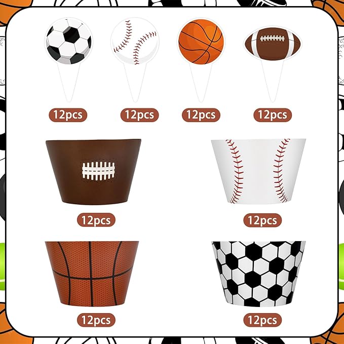 48 Pack Sports Balls Cupcake Toppers and Wrappers, Football Basketball Soccer Baseball Cake Decoration for Sport Theme Birthday Party Sports Game Day Party Supplies