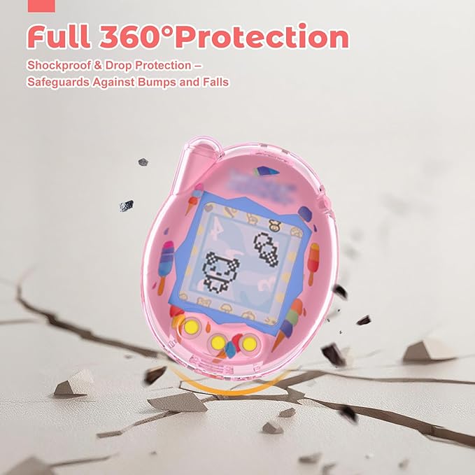 Protective Case for Tamagotchi Connection – Clear PC Hard Shell Cover for Tamagotchi Connection Electronic Pet,Waterproof Sweatproof Washable Shockproof Anti-Drop 360° Full Protection(Clear+Pink)