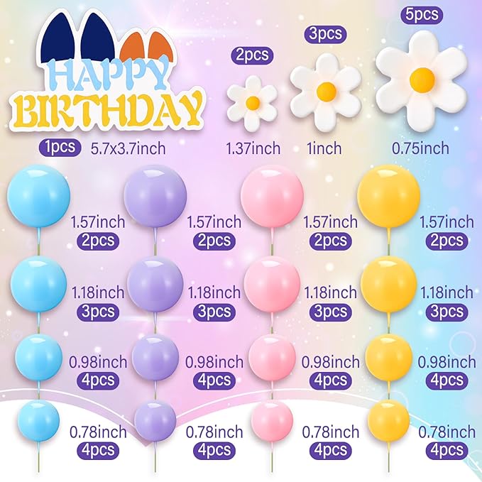 63 Pcs Blue Dog Cake Toppers with Balls Cake Picks and Daisy Flowers for Birthday Decoration Groovy Pastel Cupcake Inserts Hippie Wedding Party Supplies(Happy Birthday)
