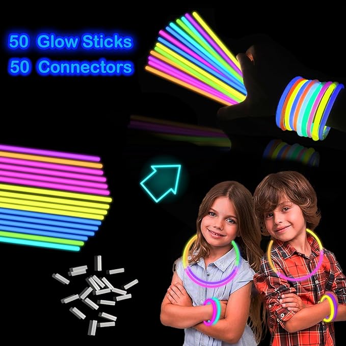 Glow Sticks Party Pack 8"-50, Light up Bracelets & Necklaces Accessories for Kids, Easter Neon Glow in the Dark Party Favor Supplies Decoration for Birthday Camping Wedding Dance Parade Throws