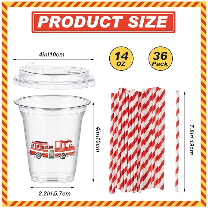 Boao 36 Pcs Watercolor Fire Truck Party Cups with Lids and Paper Straws 14 oz Disposable Clear Plastic Cups for Firefighter Birthday Party Favor Supplies Decorations