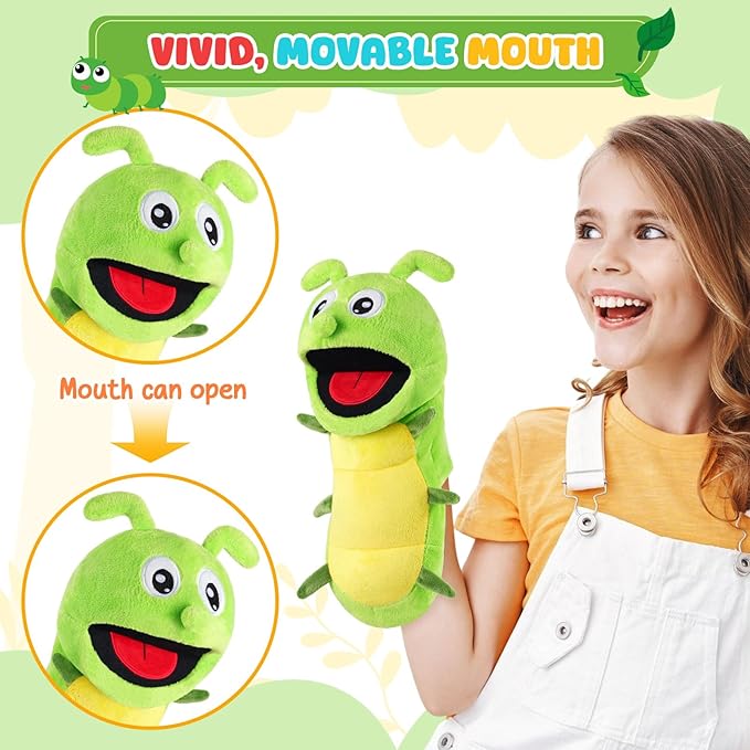 Animal Hand Puppets 11 Inch Insect Plush Ladybug Ant Dragonfly Caterpillar Puppet Toys Role-Play Puppets for Kids Storytelling Imaginative Pretend Play Teaching Preschool(Caterpillar)