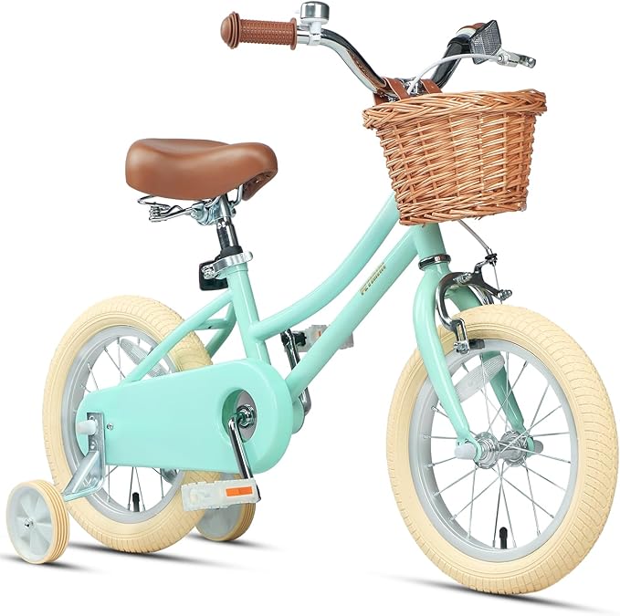 Petimini Vintage Kids Bike for Girls, 12–20 Inch Classic Bicycle with Wicker Basket & Bell, High Tensile Steel Frame, Training Wheels (12–18”), 85% Pre-Assembled, Retro Bike for Outdoor Riding