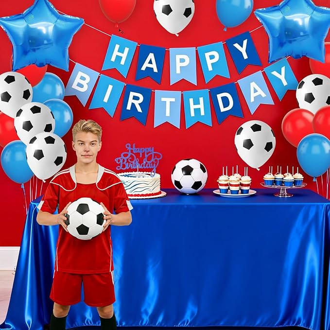 Soccer Birthday Party Decorations, Soccer Party Decorations Supplies with Blue Red Balloons Happy Birthday Banner Cake Toppers 18in Foil Balloon for Boys Girls Sport Theme Party Decor