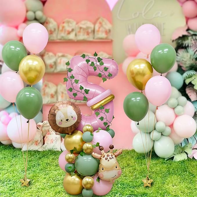 Jungle Safari Birthday Balloons, Pink Animal Balloons Birthday Party Supplies for Safari Birthday Wedding Shower Party Decorations (Number 3)