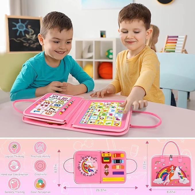 Busy Board for Toddlers 1-3 Sensory Busy Book for 1+ Year Old Boys Girls Montessori Learning Activity Books Birthday Christmas Toddler Gift (Pink)
