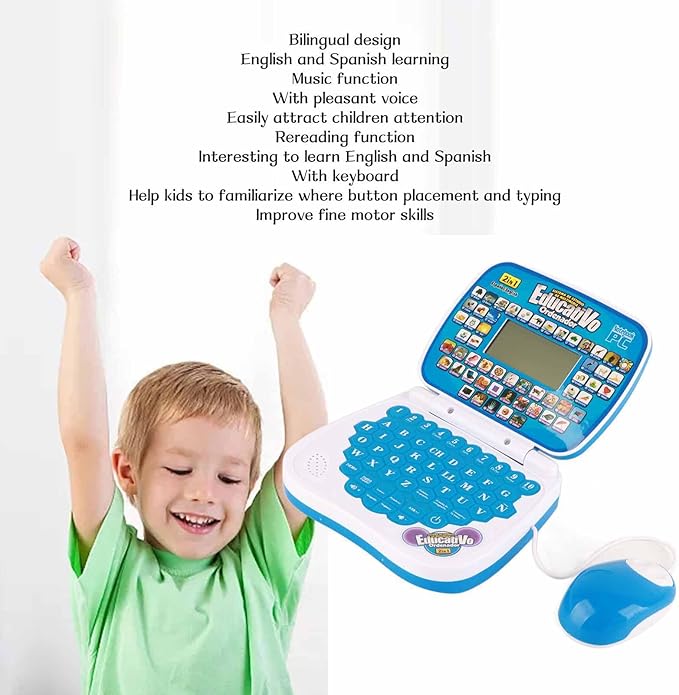 Kids Learning Laptop Bilingual English Spanish Educational Toy with Music Reread Function Keyboard for Children Early Education (Blue)