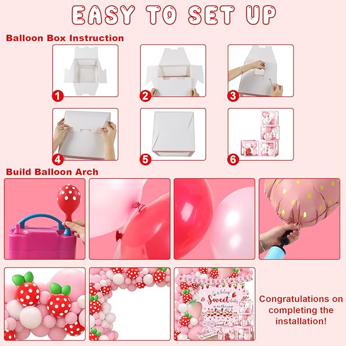 Strawberry Baby Shower Decorations, A Berry Sweet Baby Is On The Way Decorations for Girl, It's a Girl Gender Reveal, Red and Pink Backdrop Balloon Arch Box Tablecloth Cake Topper Party Decor 141pcs