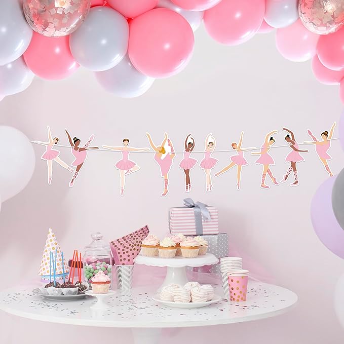 Hooqict Happy Birthday Banner Ballerina Birthday Party Decorations Ballerina Dancer Party Banner Garland Sign for Girls Women Pink Ballet Party Decorations Supplies