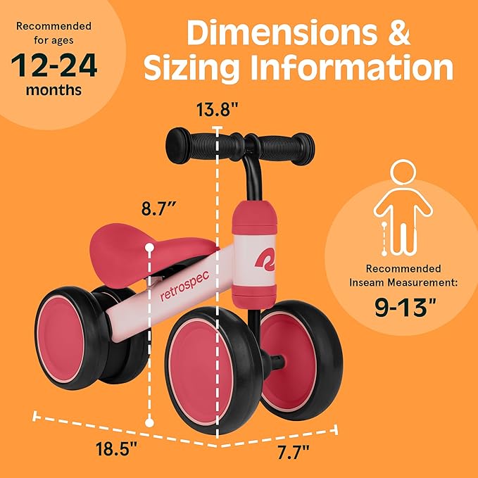 Retrospec Cricket Baby Balance Bike, 4-Wheel Ride-On Toy for Ages 12-24 Months – First Bike & Toddler Bike for 1 Year Old Boys & Girls, First Birthday Gift