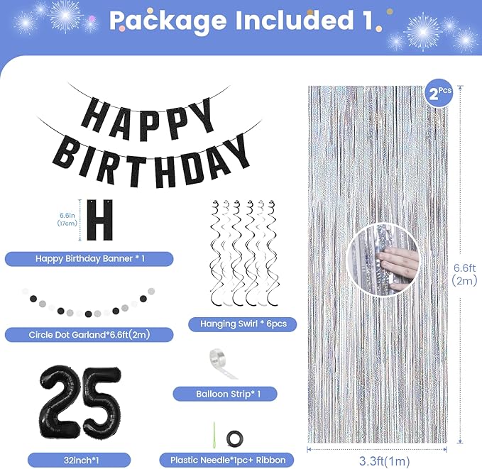 25th Birthday Decorations for Boys Girls, Silvery and Black Happy 25th Birthday Banner,Number 25 Balloons Arch Kit for 25 year old Birthday Party Decorations