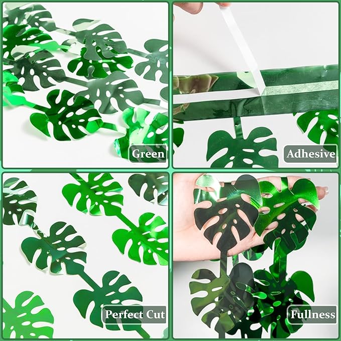 3 Pack Jungle Leaf Foil Fringe Curtain for Jungle Party Decorations, 3.3x6.6Ft Safari Theme Leaf Tinsel Streamer Backdrop, Photo Booth Prop Zoo Animal Birthday Party Supplies Baby Shower Favors