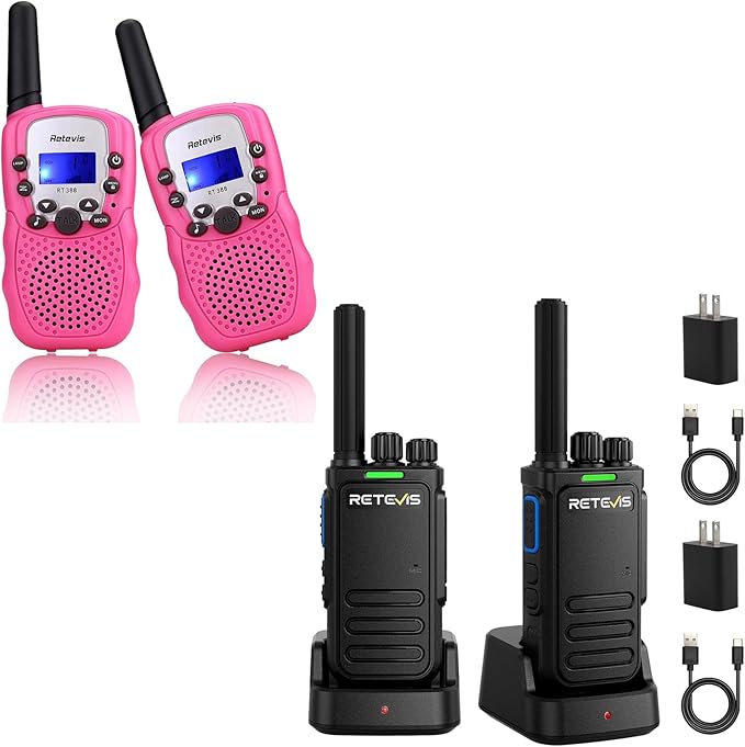 Retevis RT388 Walkie Talkies 2 Pack and MateTalk B4 Walkie Talkie 2 Pack,Birthday Gifts for 6 7 8 9 10 11 12 Year Old Girls, 22 CH LCD Flashlight, Pink Walkie Talkies Toys for Girls