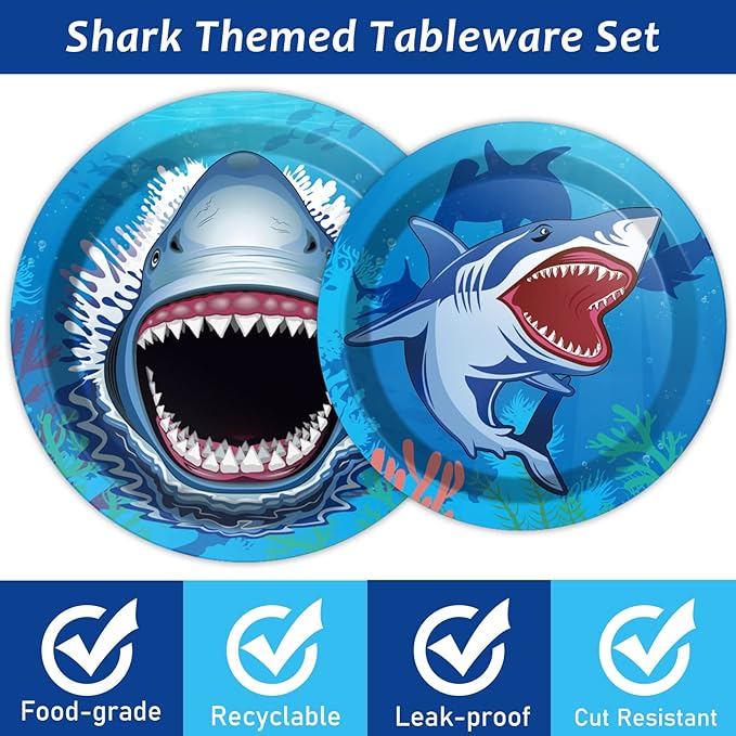 24 Guests Shark Theme Party Decorations Under the Sea Party Tableware Set Shark Baby Shower Plates Napkins and Forks Ocean Birthday Table Decorations Supplies 96Pcs