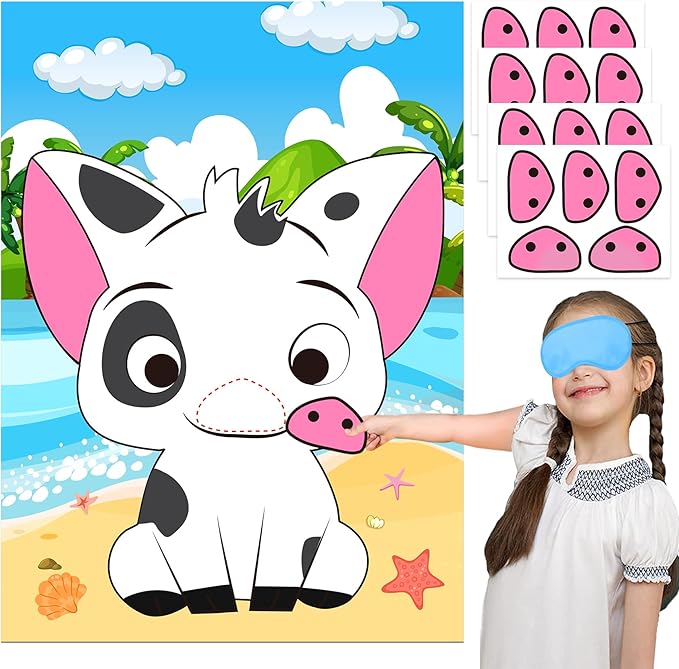 Mona Party Decorations Pin The Nose on The Pig Pin Game for Kids Mona Birthday Party Favors Pig Poster Decorations