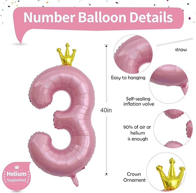 3rd Birthday Number Balloons for Girls, 40 Inch Light Pink Foil Number Balloons, Large Crown Pastel Pink Number Balloons 0-9 Set for Women 30th Birthday Party Decor Anniversary Decoration Supplies