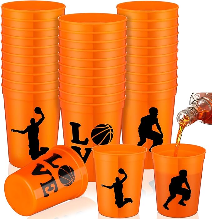 Zhehao 30 Pcs Sport Ball Plastic Cups Hockey Football Basketball Plastic Reusable Drink Cups Bulk 16 oz Stadium Tumbler Stackable Sports Tumbler for Sport Party Supplies(Basketball,Orange)