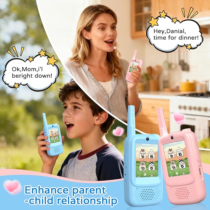 Kids Walkie Talkies for 3-12 Year Old Boys & Girls, 2 Pack Children Two-Way Radios with Video Call, Voice Chat, Camera & Album, Auto Pairing, 1148ft Range for Indoor Outdoor, Camping, Hiking