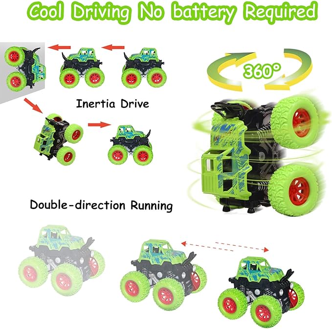 Monster Truck Toys - Friction Powered Toy Cars Push and Go Vehicles for Toddlers Kids Best Christmas Birthday Party Gift for Boys Girls Aged 3 and Above 4-Pack