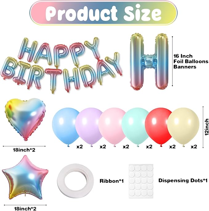 29PC Gradient Happy Birthday Balloon Banner, 16 Inch 3D Letter Banner Sign, Light Blue Pink Green Purple Red Yellow Balloons 18 Inch Star Heart Foil Balloons for Women, Men Party Supply