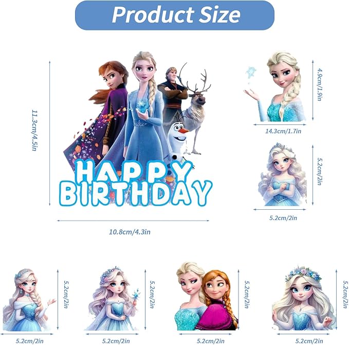 7Pcs Cute Blue Princess Birthday Cake Decorations，1 Large, 6 Small Snow Theme happy Birthday Cake Toppers，For Ice Birthday Party Supplies (A)