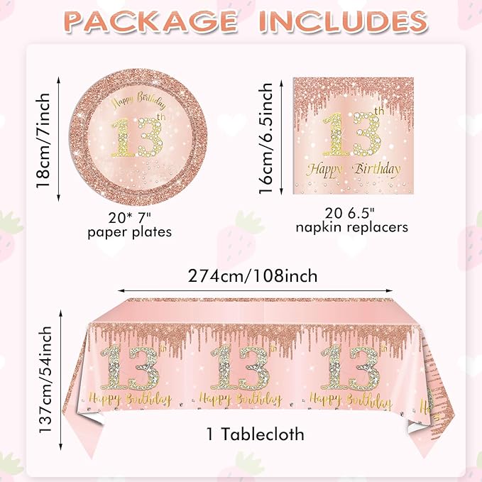 41PCS 13th Birthday Decorations Rose Gold Theme 13 Year Old Girl Birthday Decorations Including Happy Birthday Plates Napkins Tablecloth for Official Teenager 13th Birthday Party