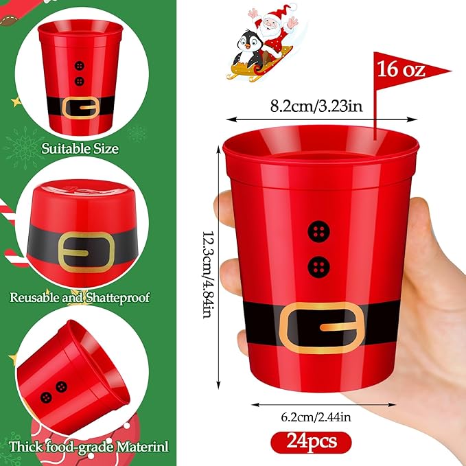 Norme 24 Pcs Christmas Santa Cups Bulk Red and Green Reusable Plastic Cups 16 oz Christmas Party Supply Santa Drink Table Supply for Xmas Family Dinner Housewarming