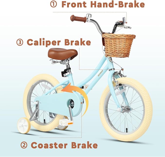 Petimini Vintage Kids Bike for Girls, 12–20 Inch Classic Bicycle with Wicker Basket & Bell, High Tensile Steel Frame, Training Wheels (12–18”), 85% Pre-Assembled, Retro Bike for Outdoor Riding