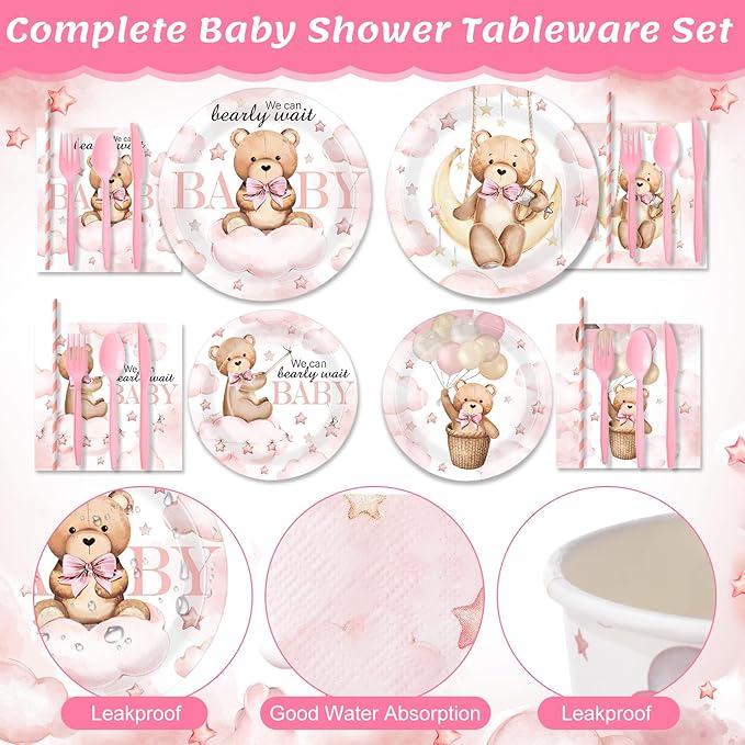 450 Pcs Pink Bear Baby Shower Tableware Set Decorations We Can Bearly Wait Paper Plates Napkins Cups Cutlery Straws for Pink Baby Shower Gender Reveal Birthday Party Supplies, Serves 50