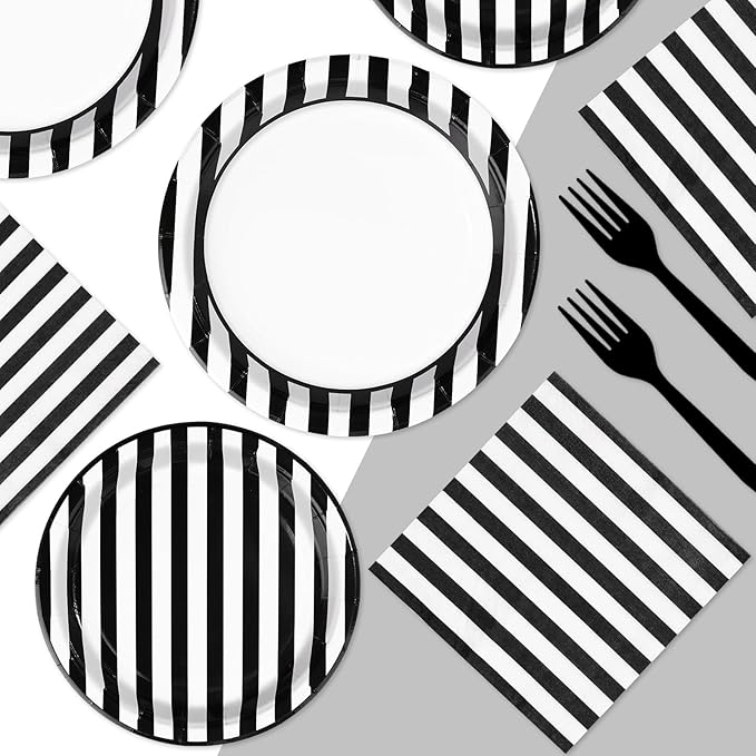 Grencian 96Pcs Black and White Striped Party Decorations Black and White Striped Party Plates Disposable 350GSM Striped Paper Tableware Set for Birthday Wedding Halloween Party, Serves 24