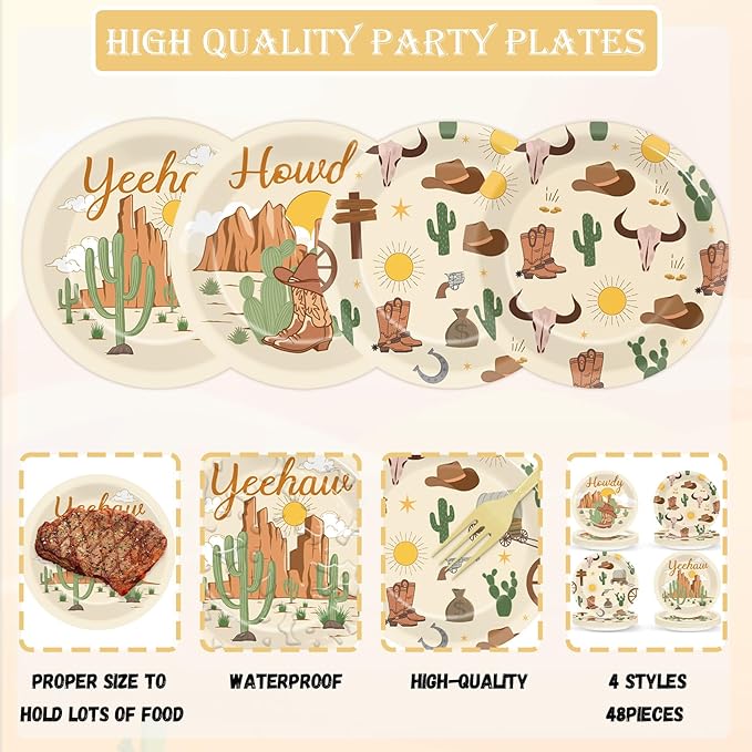 CHUNNIN 48Pcs Western Cowboy Rodeo Party Paper Plates for Wild West Theme Party Supplies 7" Howdy Cowgirl Yeehaw Birthday Party Disposable Plates for Baby Shower Favors Party Decorations
