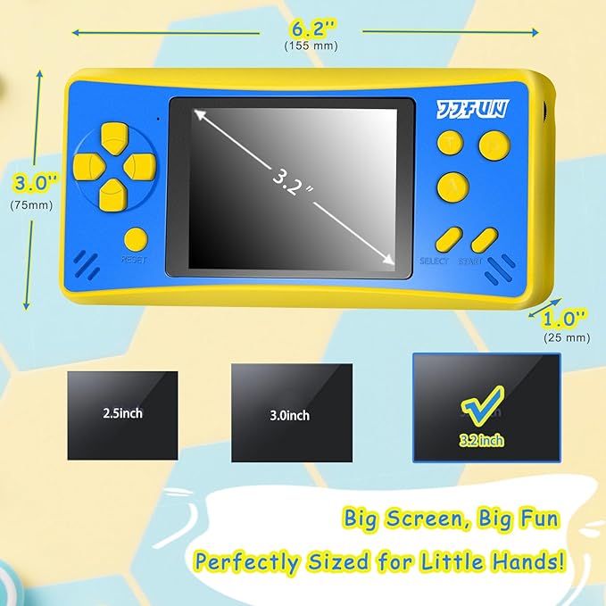JJFUN Portable Game Console for Kids – 3.2" Screen, 168 Built-in Classic Games, Plug & Play on TV, Rechargeable, No WiFi Needed, Ideal Gift for Boys & Girls, Great for Travel, Holidays & Birthdays