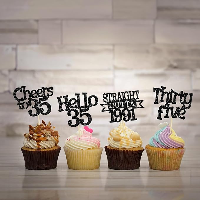 Ephlyn 24Pcs Happy 35th Birthday Cupcake Toppers Black Thirty Five Cupcake Picks Hello 35 Cheers to 35 Years Birthday Cake Decorations for 35th Birthday Anniversary Party Decor Supplies