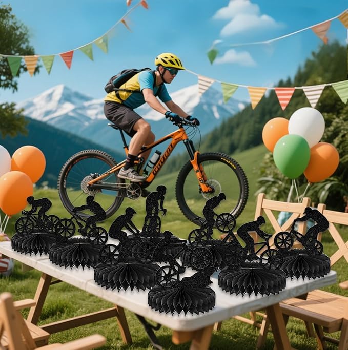 8Pcs Bike Honeycomb Centerpiece Bicycle Birthday Table Decoration Mountain Bike Birthday Party Decoration Sport Theme Birthday Bachelorette Party Supplies Double-Side Black Glitter