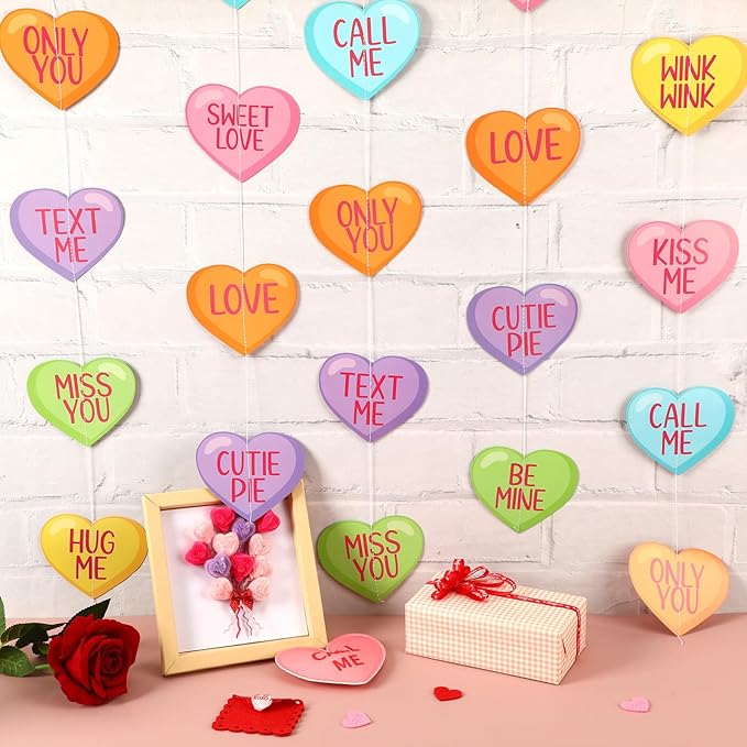 MARFOREVER 41Ft Valentines Day Candy Heart Garland, No DIY Conversation Heart Banner 5 Pcs Love Hanging Paper Banners for Valentine's Sweet Day Party Decorations Wedding Anniversary Birthday Supplies